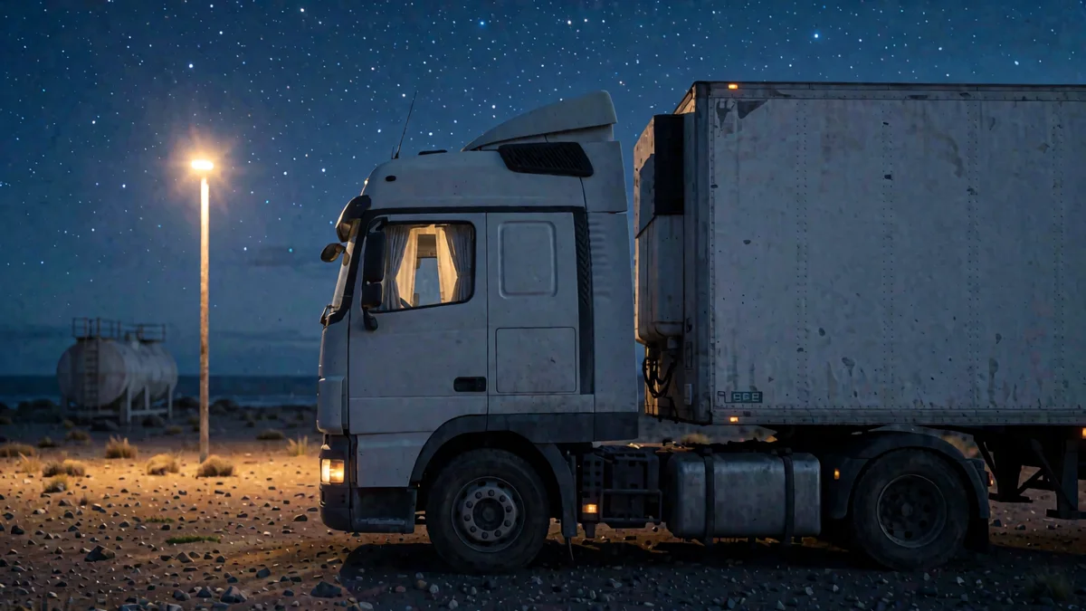 Camión con semirremolque estacionado de noche en un parador de ripio de la meseta patagónica, con las cortinas de la cabina corridas e iluminadas