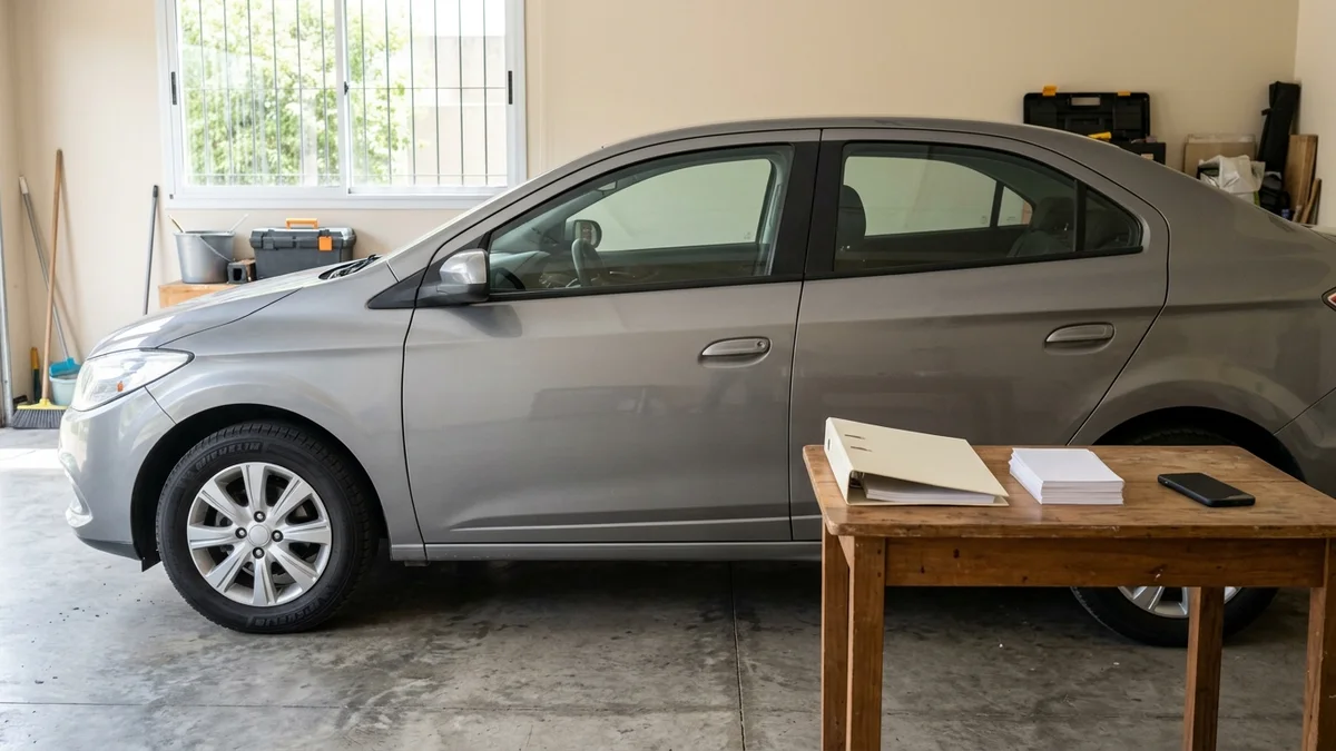 Auto usado junto a un calendario y elementos de revisión antes de la entrega