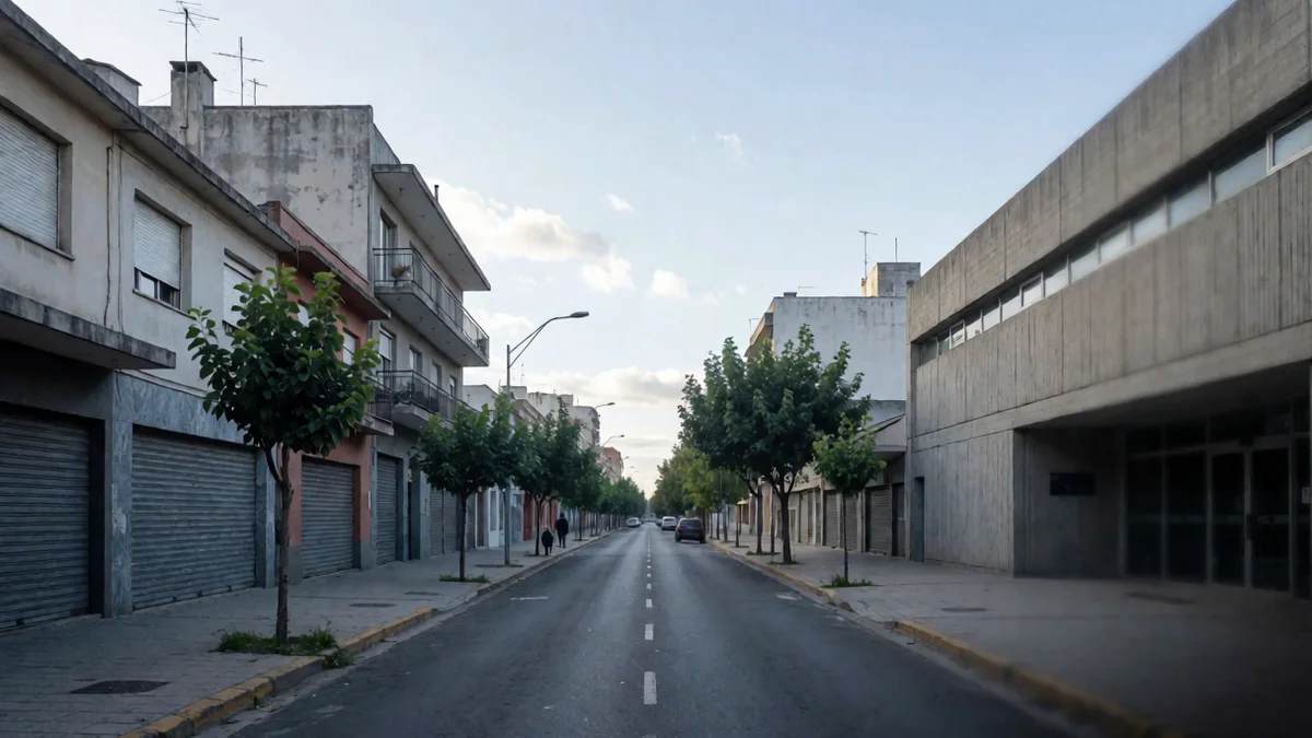 Calle urbana del sur del conurbano con árboles de vereda y un edificio público de hormigón con la entrada de vidrio cerrada.