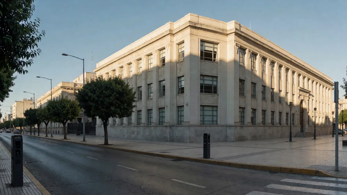 Esquina céntrica de una ciudad del sur bonaerense con un edificio público de fachada clara, árboles de vereda y un parquímetro junto al cordón.