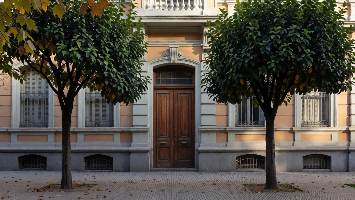 Fachada italianizante de un edificio público frente a una plaza arbolada de una ciudad bonaerense, con la puerta de madera cerrada.