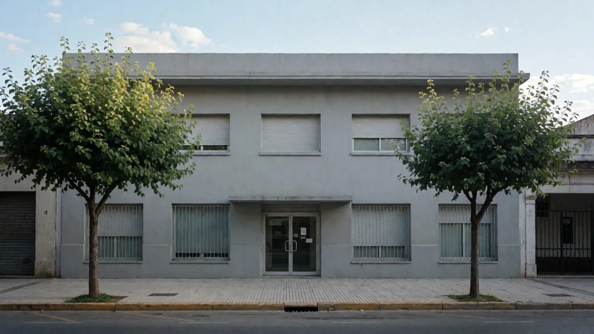 Fachada de un edificio municipal de oficinas en una avenida del conurbano, con vereda ancha y árboles de vereda.