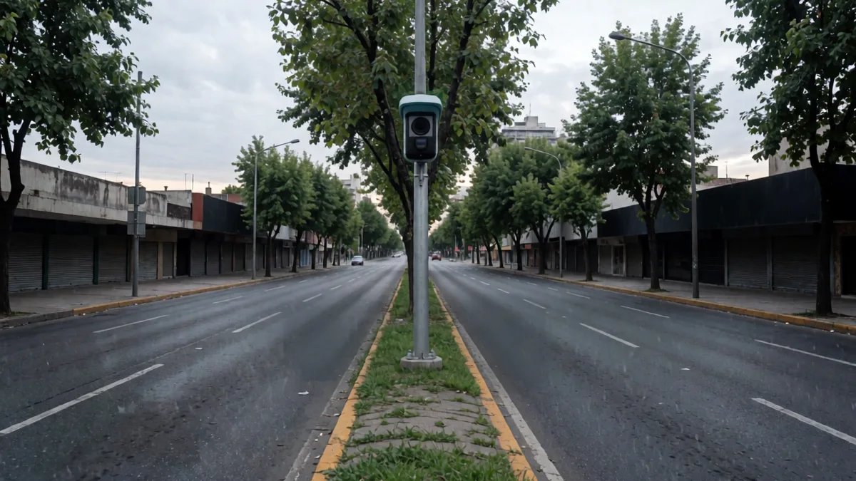 Avenida ancha del conurbano norte con una cámara de control de tránsito en un poste junto al cantero, con el asfalto húmedo.