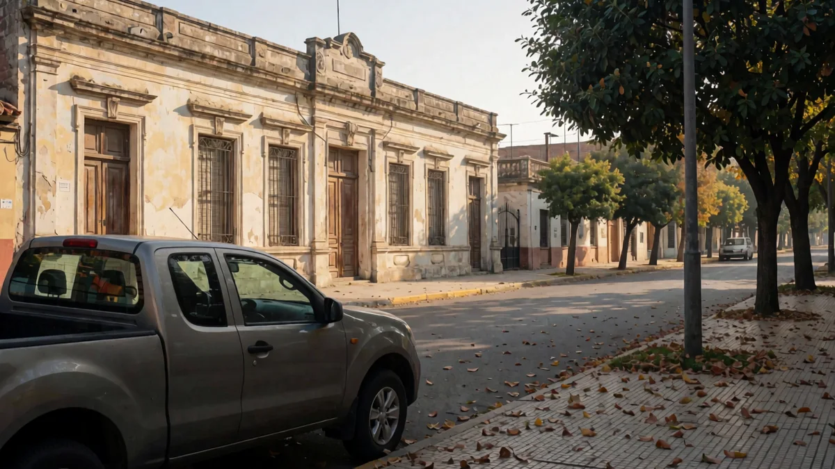 Camioneta gris estacionada de perfil frente a un antiguo edificio público de una planta en una calle de pueblo de la llanura bonaerense