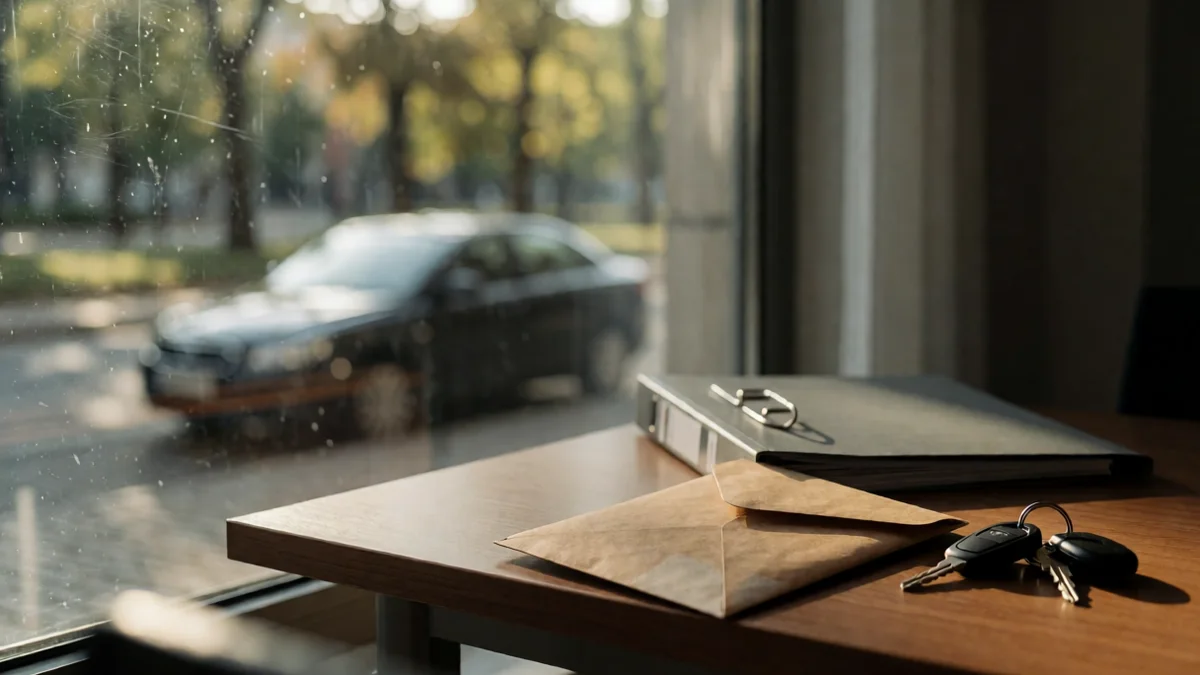Sobre de papel madera, carpeta y llaves de auto sobre una mesa junto a una ventana con vista a la calle