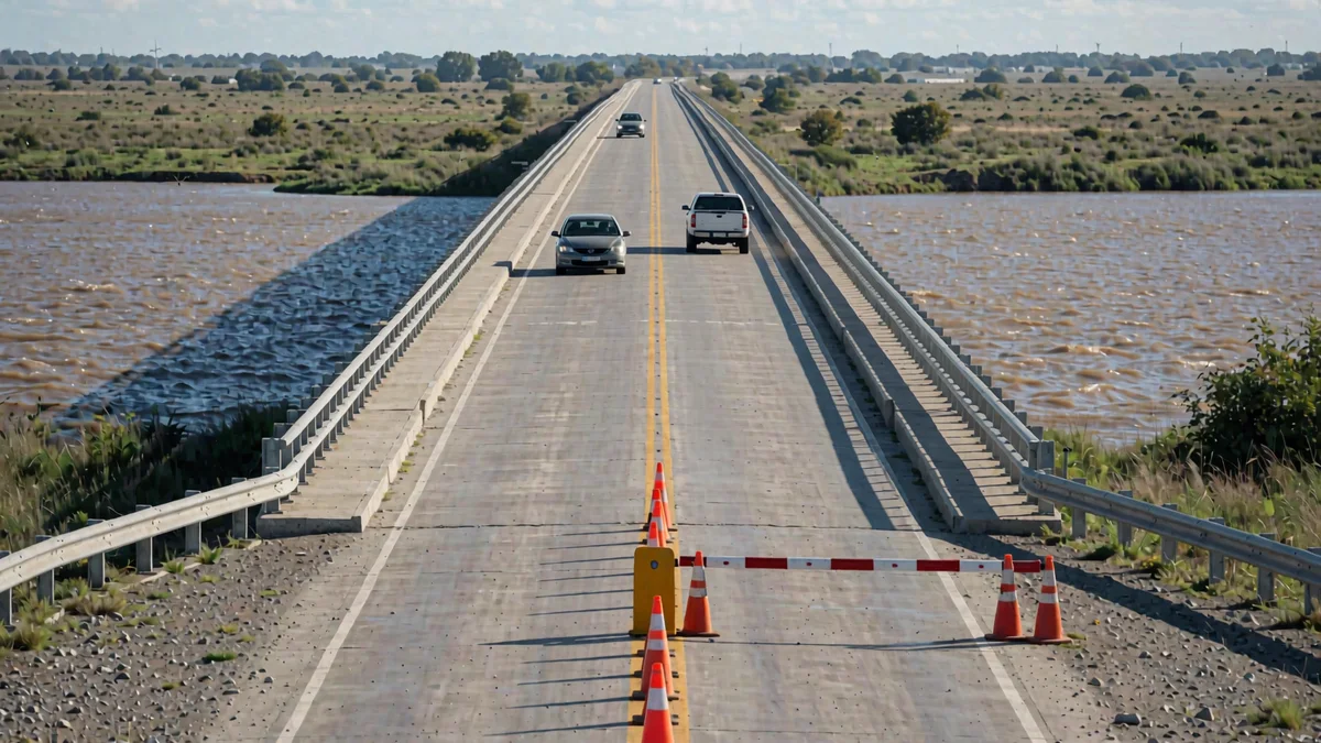 Puente carretero sobre un río de llanura en un límite provincial, con dos vehículos a lo lejos y un puesto de control vacío con conos y una barrera