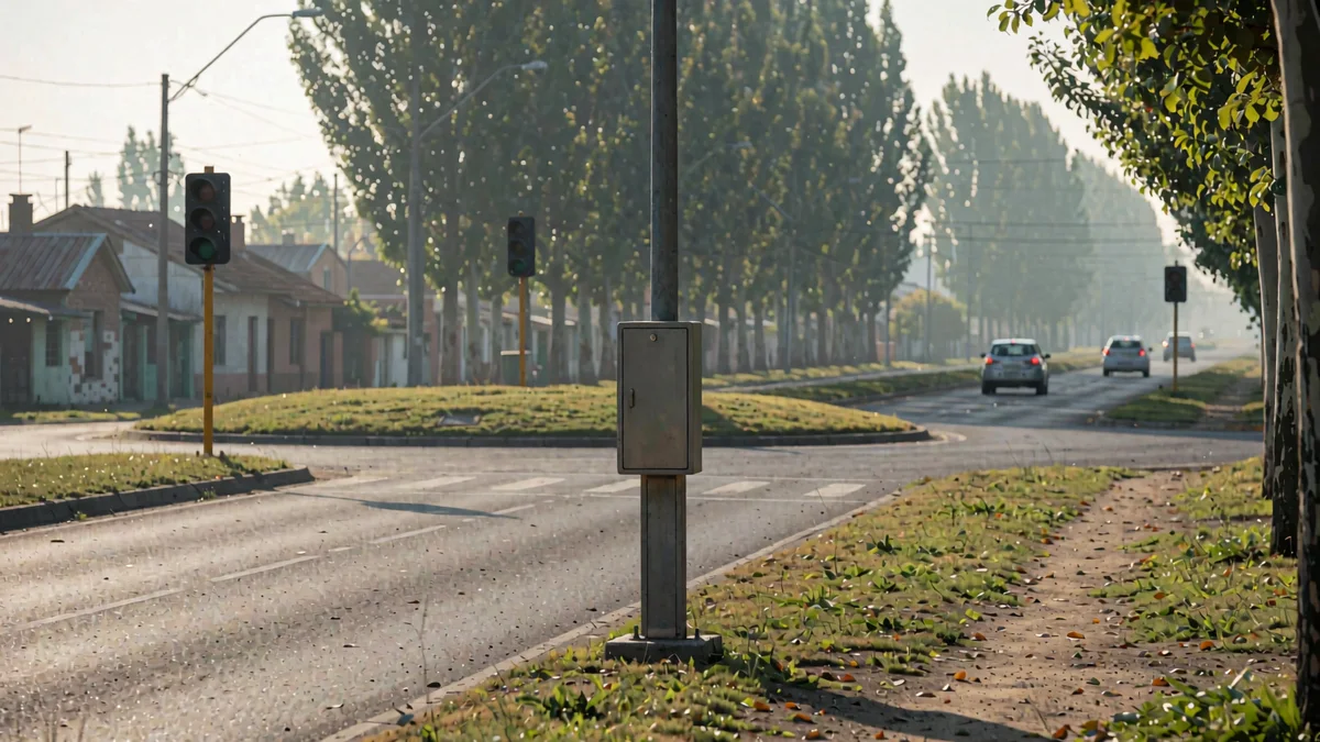 Ruta provincial que entra a un pueblo pampeano y se vuelve avenida, con un poste de control de velocidad en la banquina y una rotonda al fondo