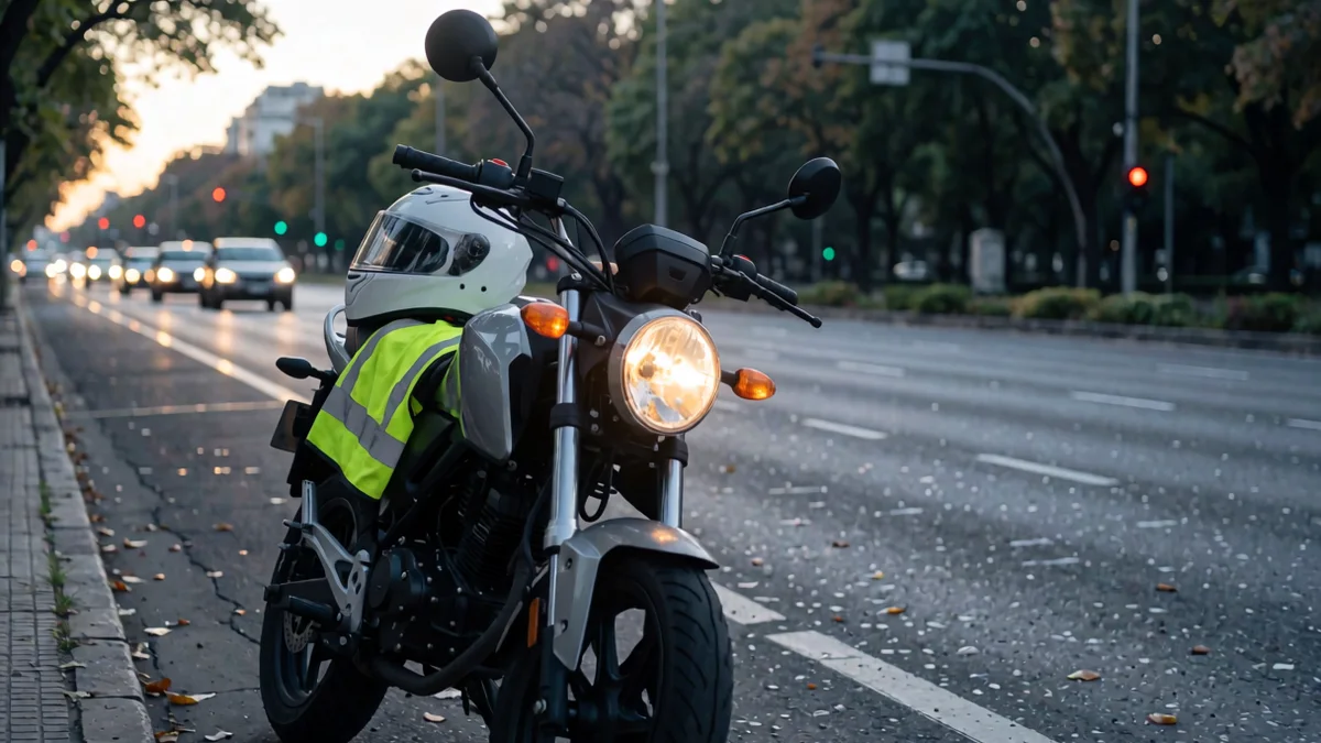 Motocicleta urbana con la luz baja encendida, un casco blanco sobre el asiento y un chaleco reflectante en el tanque, junto al cordón de una avenida