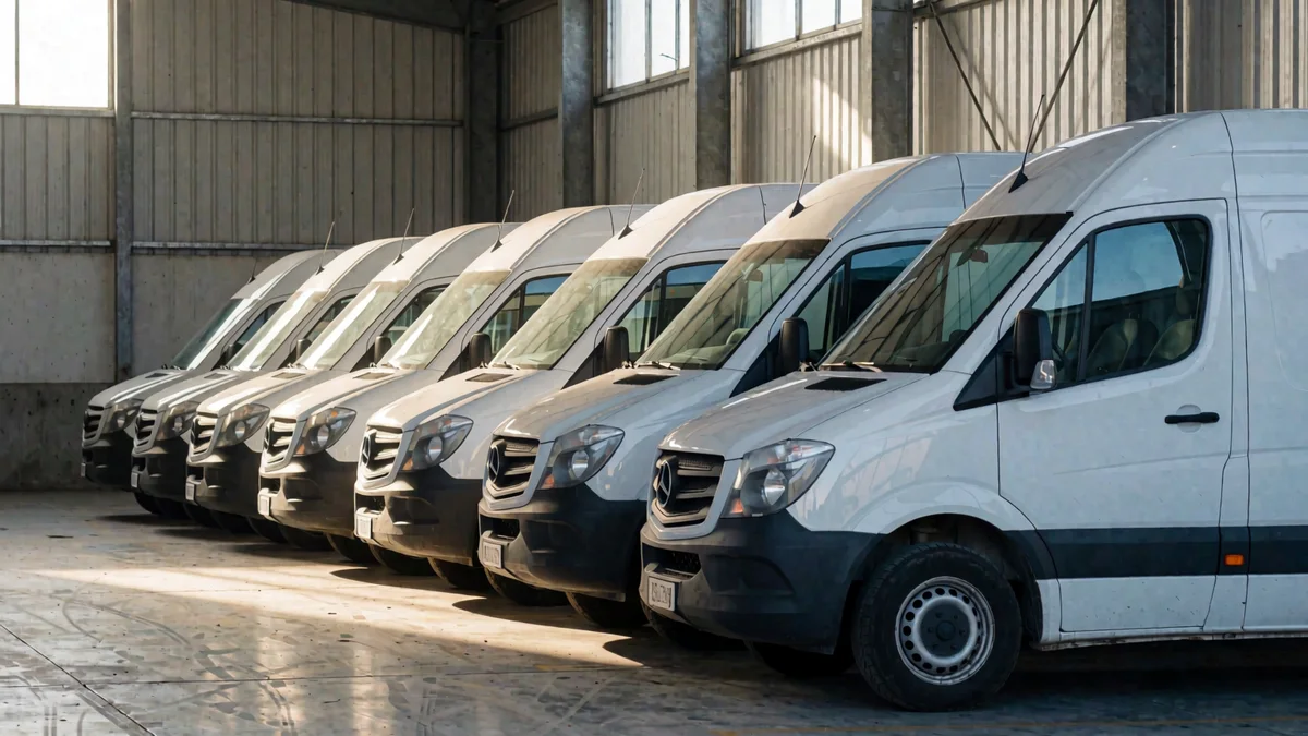 Fila de furgones utilitarios blancos estacionados en batería bajo el techo de un depósito, vistos de costado con luz de media mañana