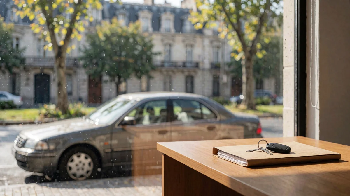 Carpeta cerrada y llavero de auto sobre un escritorio junto a una ventana con vista desenfocada a una avenida porteña arbolada