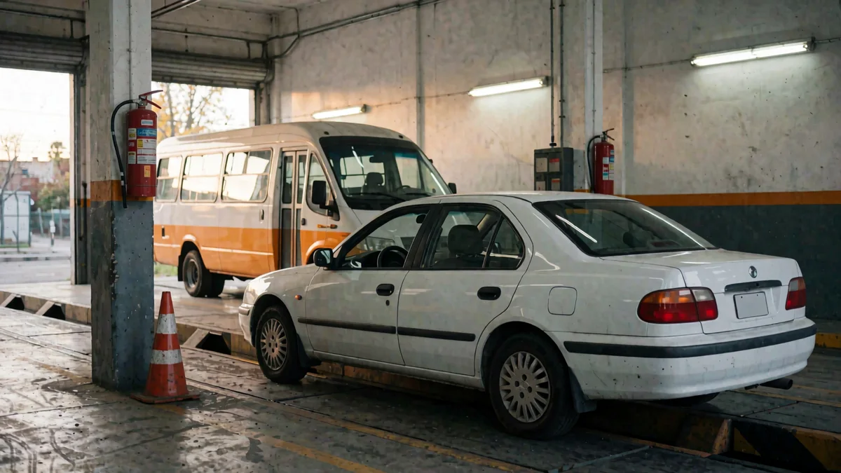Sedán blanco sobre una fosa de inspección en un galpón municipal, con un minibús escolar blanco y naranja estacionado al fondo