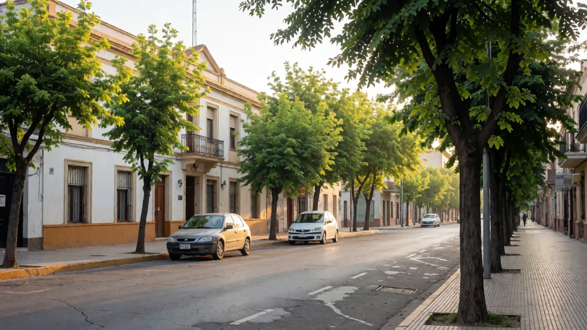 Calle céntrica de una ciudad santafesina con árboles de vereda, un edificio municipal claro y un auto gris estacionado