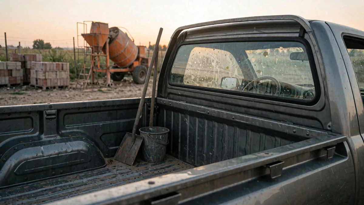 Caja de carga vacía de una camioneta pick-up gris de cabina simple, vista desde arriba en un obrador rural, con una pala y un balde en un rincón