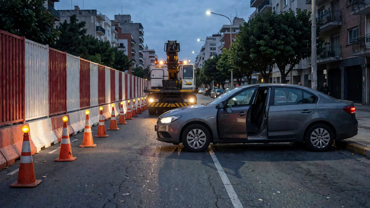 Auto gris detenido en la banquina con la puerta del conductor abierta, junto a conos y una valla a franjas, con una grúa detrás al anochecer