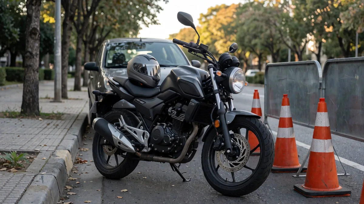 Motocicleta negra detenida junto a conos naranjas de un control vial en una avenida arbolada, con un casco sobre el asiento y un auto desenfocado detrás.