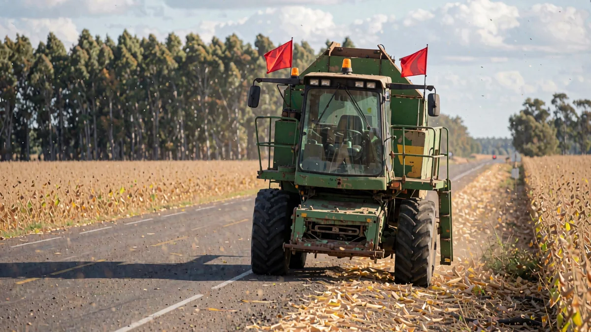 Cosechadora sin plataforma de corte, con baliza ámbar y banderines rojos de señalización, avanzando por el borde de una ruta pampeana a media mañana