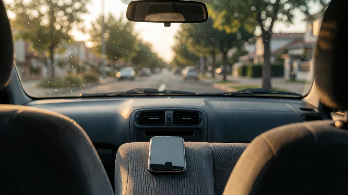 Interior de un auto estacionado con un celular boca abajo sobre el asiento y una calle arbolada al atardecer detrás del parabrisas