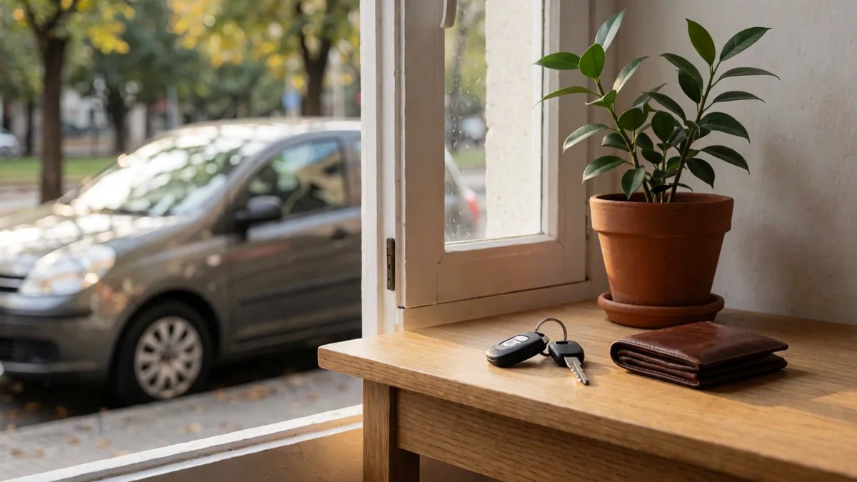 Llave de auto y billetera cerrada sobre una mesa de entrada, con un auto estacionado fuera de foco detrás de la ventana