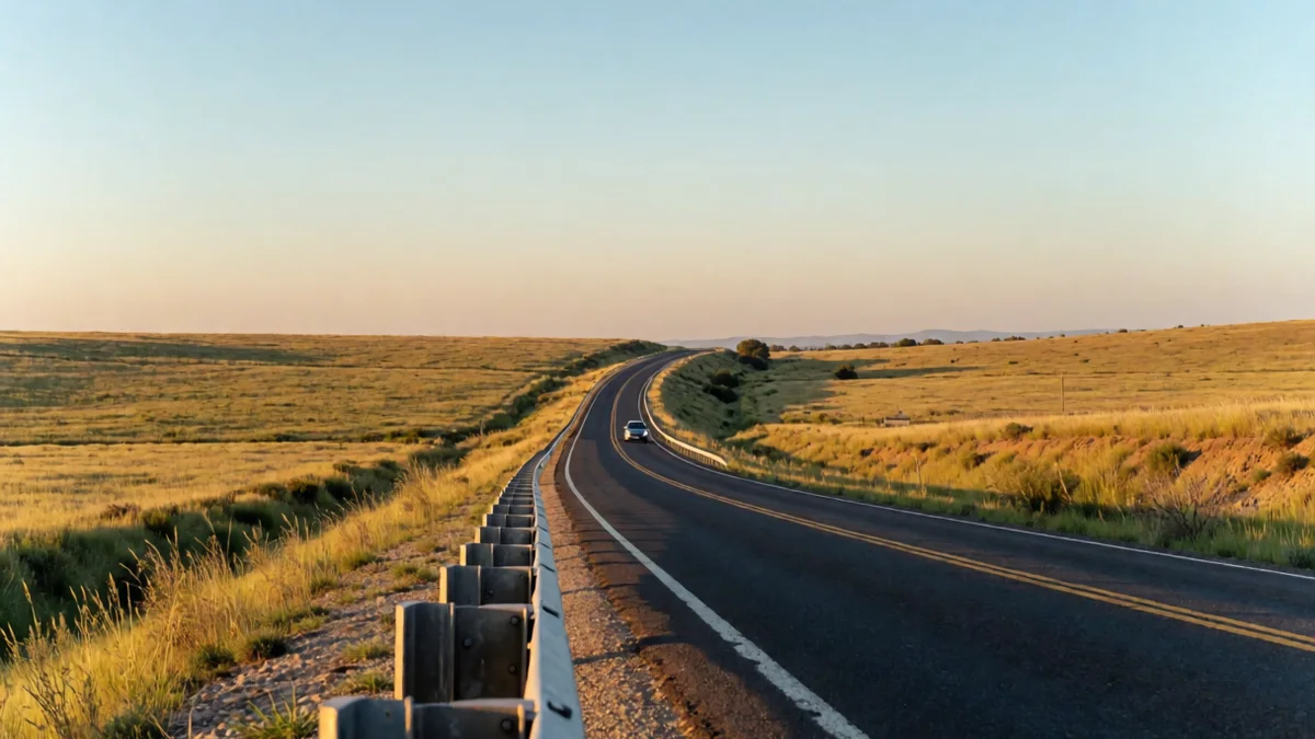 Ruta provincial que cruza las sierras de Córdoba al atardecer, con guardarraíl y un auto circulando a lo lejos.