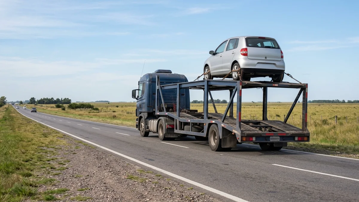 Automóvil transportado sobre un camión portavehículos en una ruta argentina