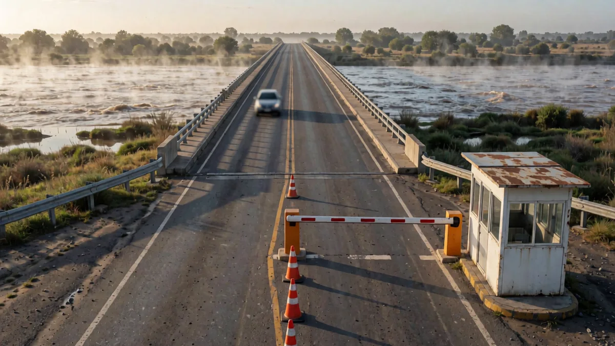 Barrera de control baja, conos naranjas y una garita de chapa junto a una ruta que desemboca en un puente de hormigón sobre un río ancho del Litoral.