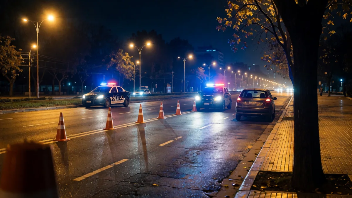 Control vehicular nocturno con conos sobre una avenida porteña, un patrullero y un auto detenido a varios metros.