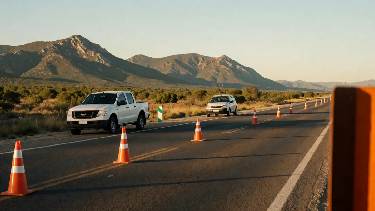 Puesto de control vial con conos sobre una ruta serrana de Córdoba, una camioneta blanca en la banquina y un auto detenido más adelante.