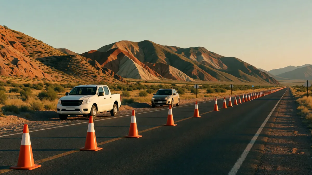 Control vial con conos sobre una ruta de la quebrada jujeña al atardecer, con una camioneta blanca en la banquina y cerros de colores al fondo.