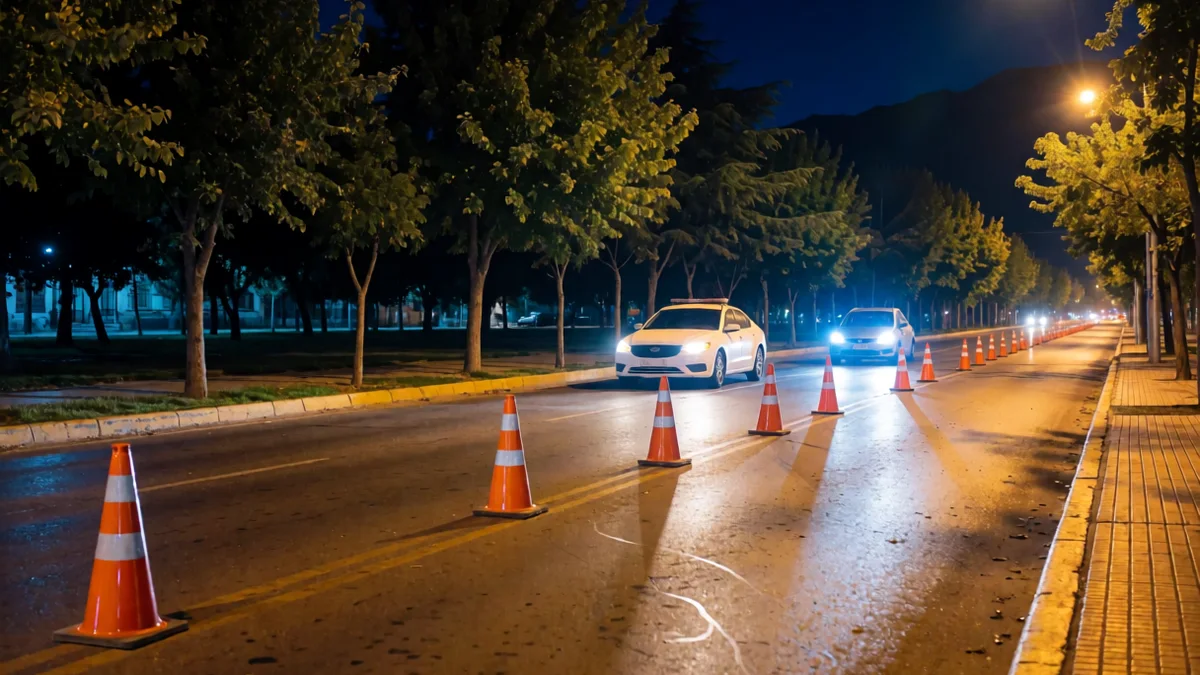 Control vial nocturno en una avenida arbolada de Mendoza con acequias, conos naranjas, un patrullero con balizas y un auto detenido.