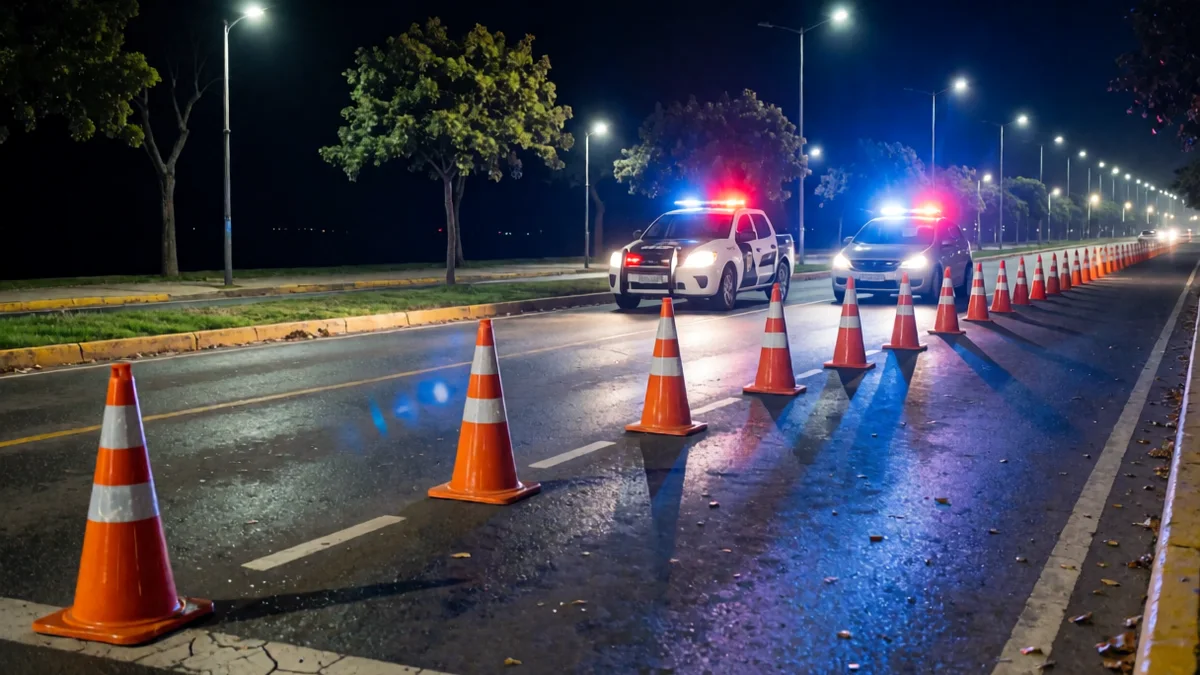 Control vial nocturno con conos sobre una avenida costanera junto al Paraná, un patrullero con balizas y un auto detenido más adelante.