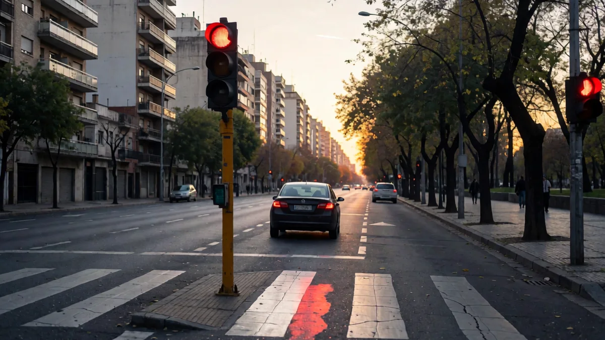 Semáforo en rojo en una esquina porteña al atardecer, con un auto oscuro detenido antes de la senda peatonal
