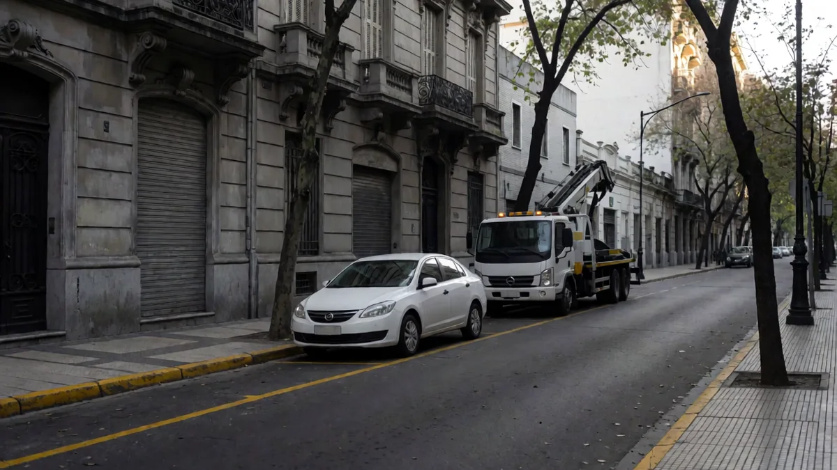 Auto blanco estacionado junto a un cordón amarillo en el microcentro porteño, con una grúa detenida varios metros atrás