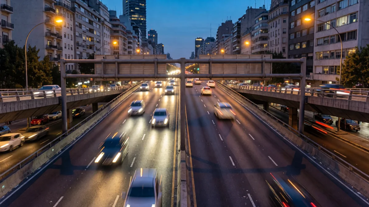 Autopista elevada porteña al anochecer, con estelas de luces de autos, un pórtico metálico sobre la calzada y edificios iluminados al fondo.