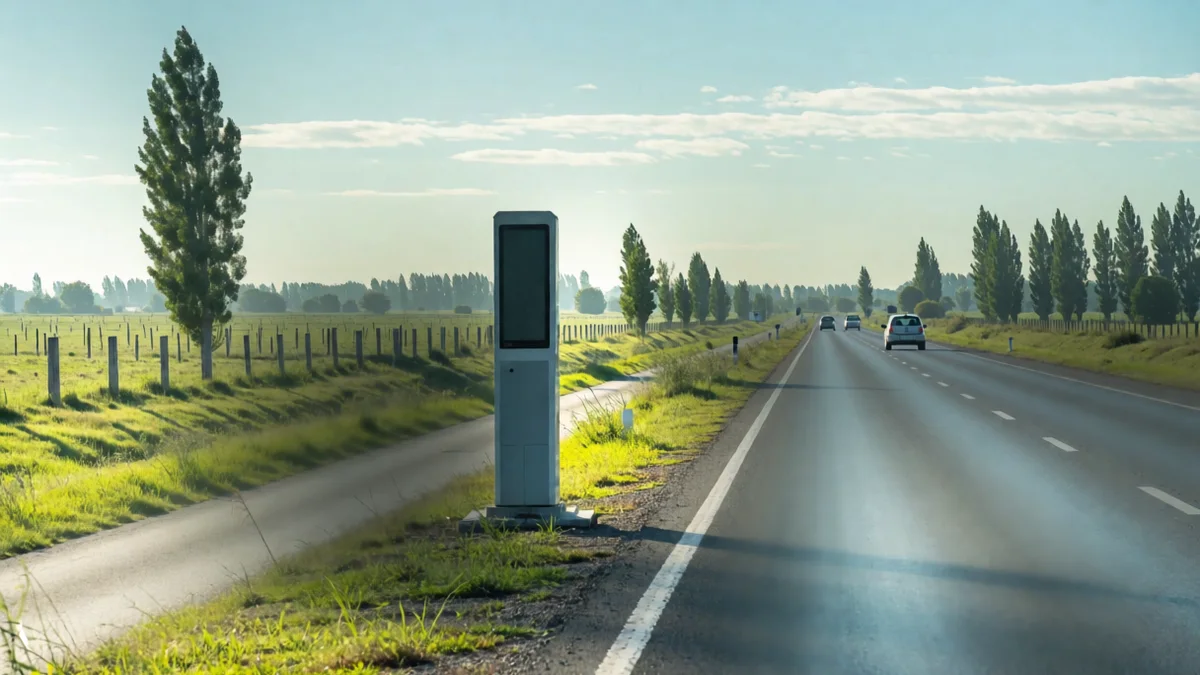 Autovía bonaerense entre campos sembrados, con un poste de control de velocidad junto a la banquina y un auto a lo lejos.