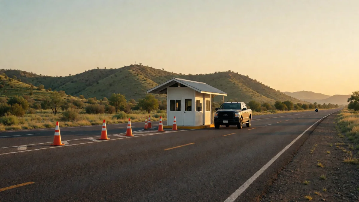 Puesto de control vial vacío con conos y garita sobre una ruta de las sierras de Córdoba al atardecer