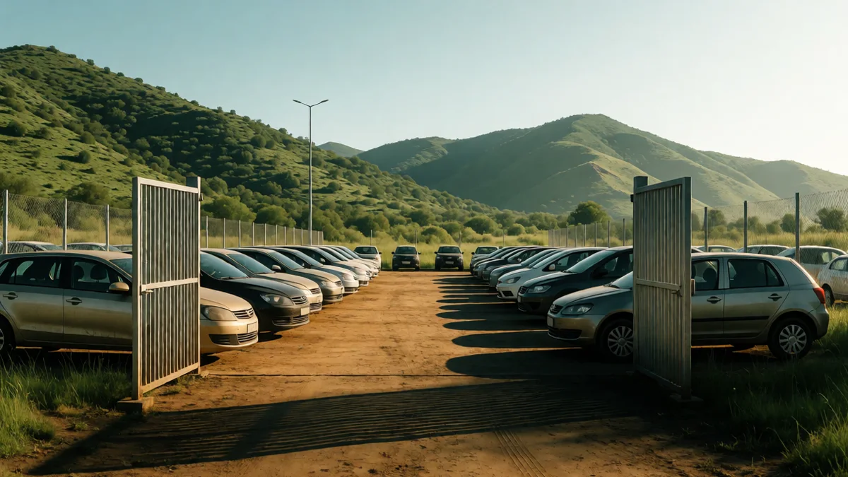 Depósito de vehículos al aire libre con autos en fila detrás de un portón de rejas y cerros verdes al fondo