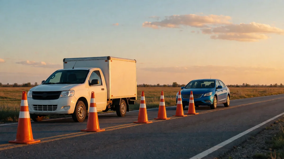 Control vial con conos naranjas en la banquina de una ruta bonaerense, con un auto azul detenido al atardecer