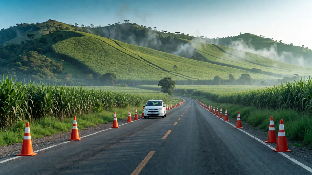 Ruta tucumana entre cañaverales y cerros verdes con conos de control y un auto blanco detenido en la banquina