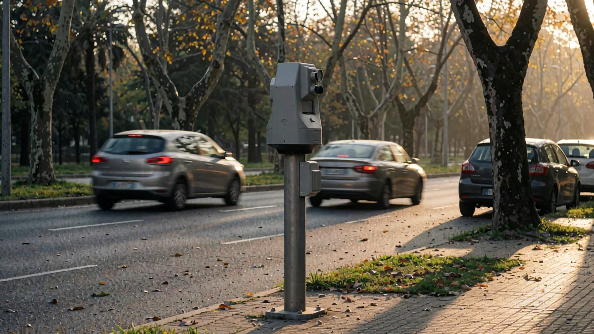 Cinemómetro fijo en un poste al costado de una avenida arbolada, con autos que pasan desenfocados y otro estacionado junto al cordón.