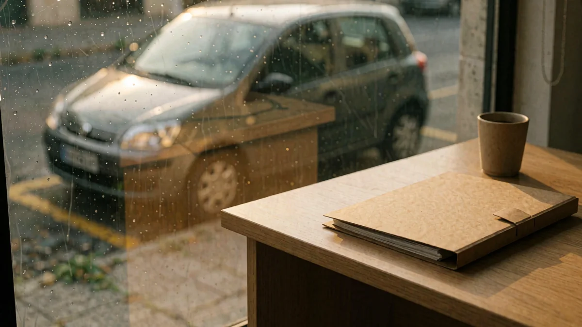 Escritorio de madera con una carpeta cerrada vista de canto y una taza de café junto a una ventana; afuera, un auto estacionado junto a un cordón amarillo.
