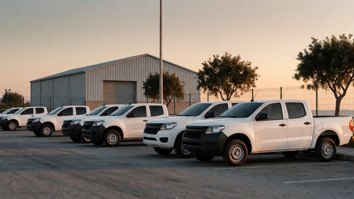 Camionetas utilitarias blancas estacionadas en fila en la playa de una empresa de logística, frente a un galpón de chapa al atardecer.