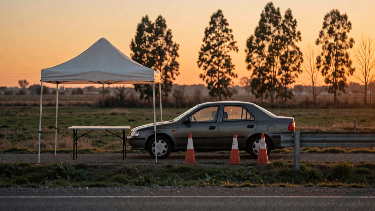 Puesto de control al costado de una ruta bonaerense al atardecer, con una carpa blanca, una mesa plegable, conos y un sedán gris detenido de perfil con las ventanillas subidas