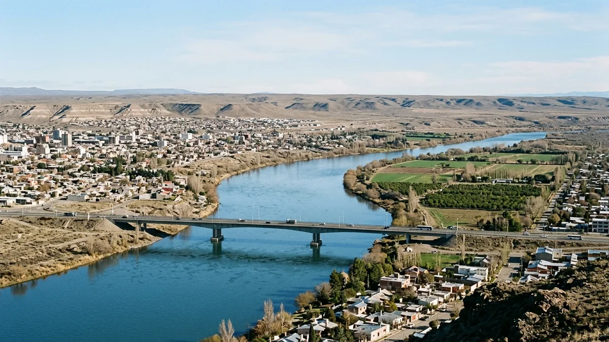 Puente vial cruza un río patagónico entre dos áreas urbanas continuas
