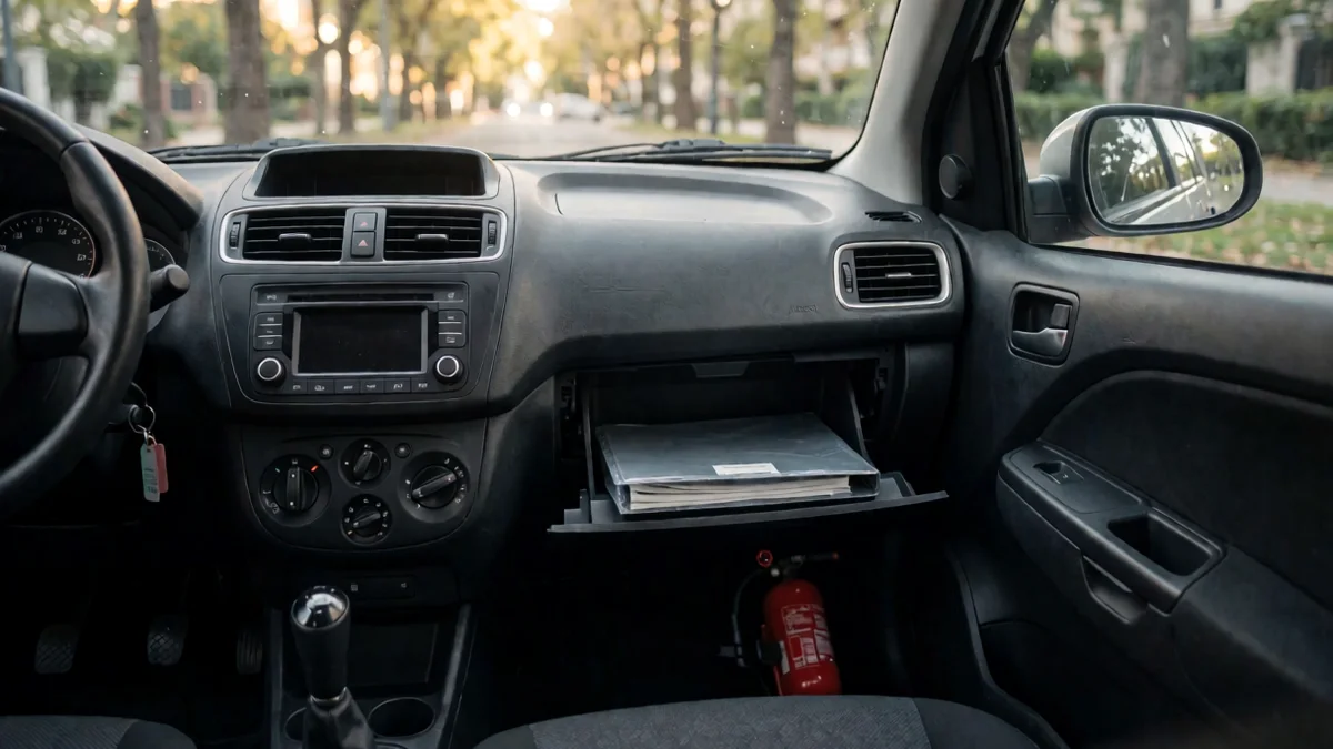 Guantera abierta de un auto estacionado con una carpeta gris cerrada adentro y un matafuego rojo en el piso, vista desde el asiento del acompañante