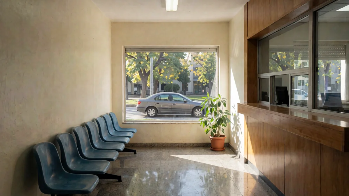 Sala de espera vacía de un centro municipal de licencias, con sillas azules, un mostrador con ventanilla de vidrio y un auto estacionado afuera.