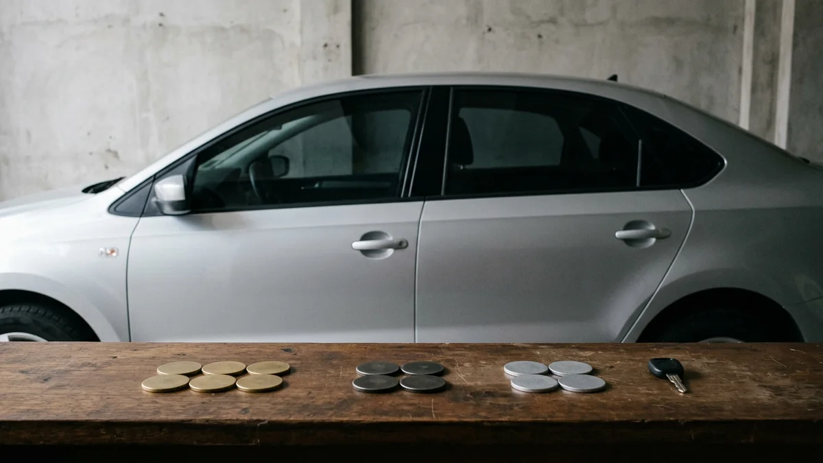 Lateral de un auto, tres grupos de fichas y una llave al cerrar un contrato de leasing