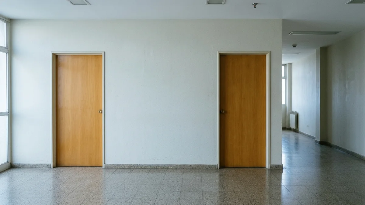 Pasillo institucional con dos accesos que representan etapas distintas de un trámite