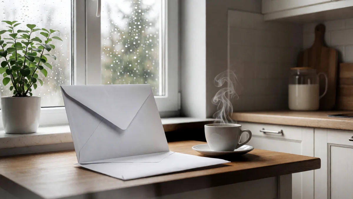 Sobre cerrado en blanco sobre una mesa de madera junto a una ventana de cocina, con una taza de café y una planta