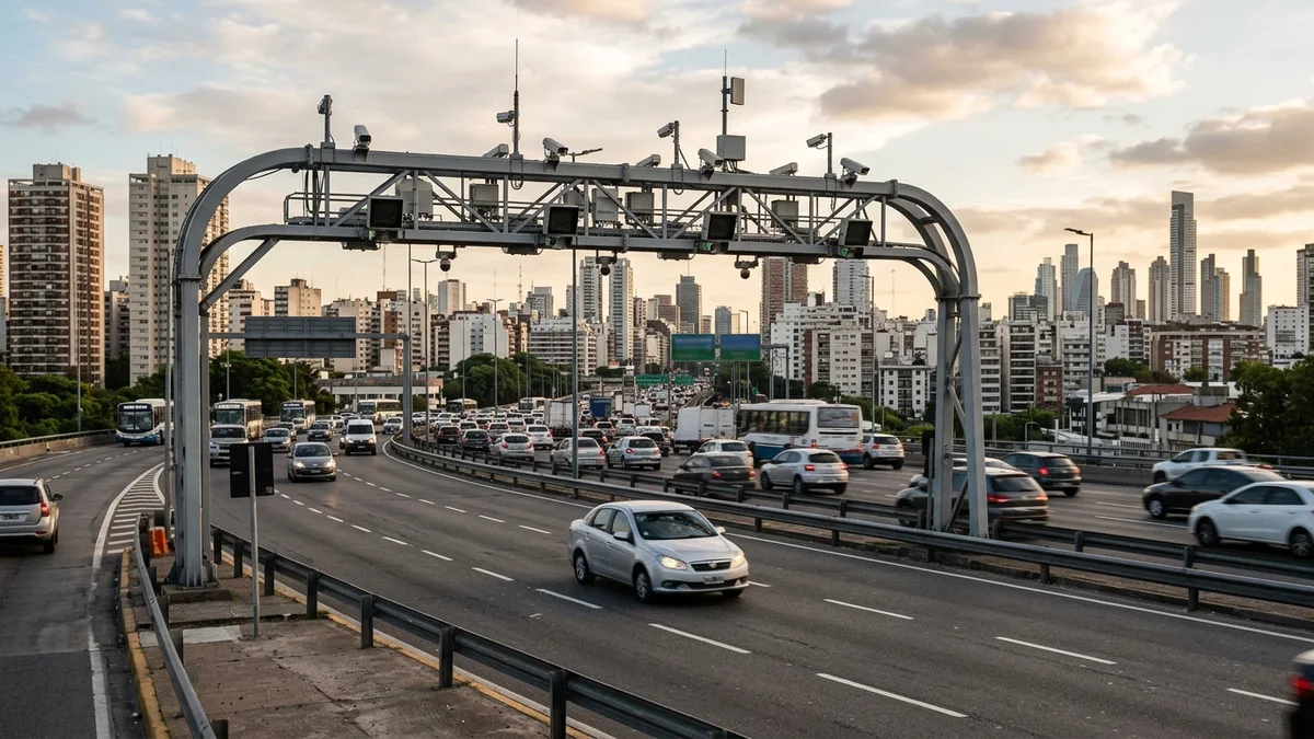 Automóvil circulando bajo un pórtico de peaje sin barrera en una autopista porteña