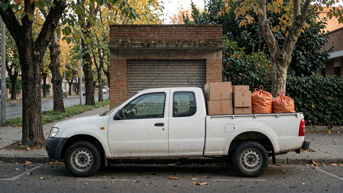 Camioneta pick-up blanca con cajas de cartón y bolsas amarradas en la caja, estacionada frente a la persiana de un pequeño depósito en una calle arbolada del conurbano